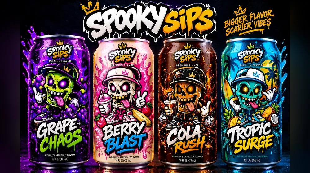 Spooky Sips can lineup in four flavors, Grape Chaos, Berry Blast, Cola Rush and Tropic Surge, each wrapped in graffiti art of a skull mascot in a crowned cap